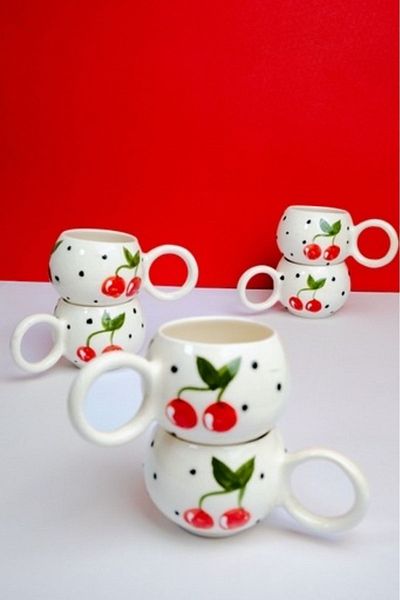 İlbay Çini Takı Ceramic Hand Embroidered Mug Set of 6 Ece Cherry Cups