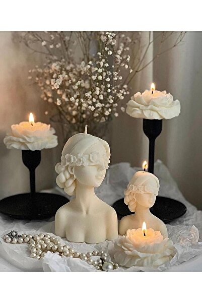 SCA CANDLE Dekoratif Beyaz Renk Şakayık Gül 3 Lü Gül 7X7 cm Modern Dekoratif Soy Mum