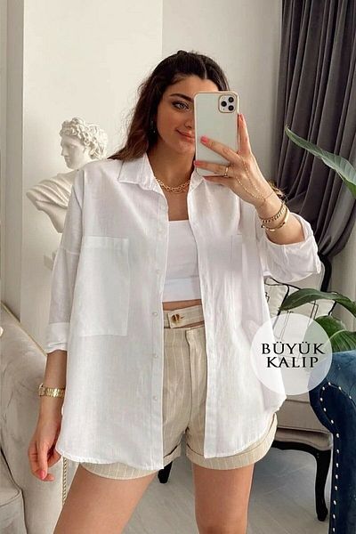 Cream&Rouge Women's Ecru White Large Pocket Oversize Fit Trend Linen Shirt