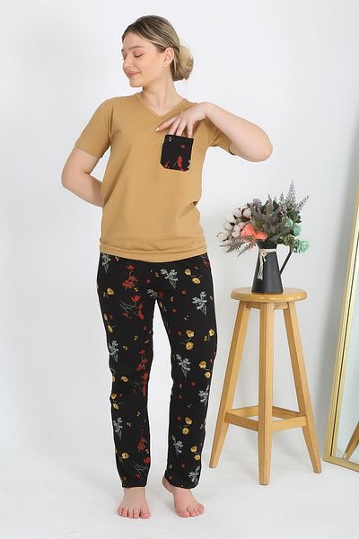 Akbeniz Mustard Women's Pajama Set - Short Sleeve, Cotton Combed 4214