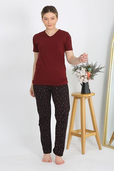 Akbeniz Set de pijamale pentru femei cu mânecă scurtă din bumbac roșu Claret - 4214