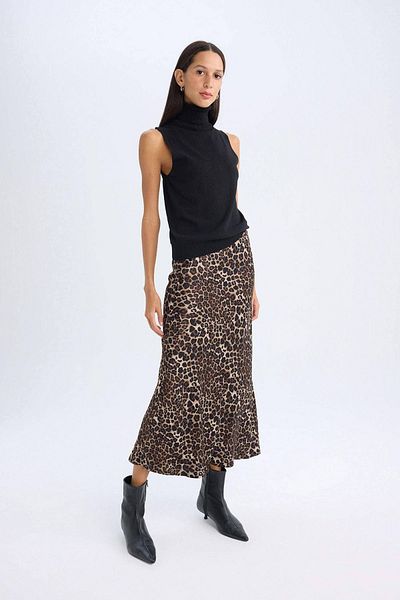 DeFacto A-Linie Satin-Midirock mit Leopardenmuster und normaler Taille 3175633