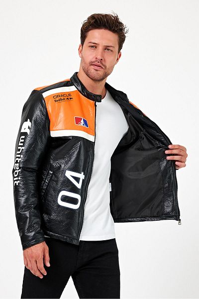Black Level Men's Oversize Puff Leather Racer Jacket College Coat Printed Zippered Bomber Coat