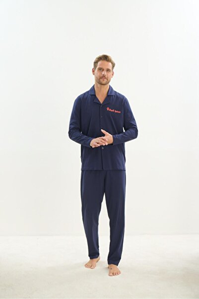 Sevim Σετ ανδρικές πιτζάμες Navy Blue - Μακρύ μανίκι, γιακάς πουκάμισου, μπροστινά κουμπιά C0T1N5O9