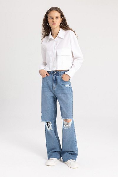 DeFacto Crop Basic Poplin Cămașă de bază cu mânecă lungă C2355ax24sp
