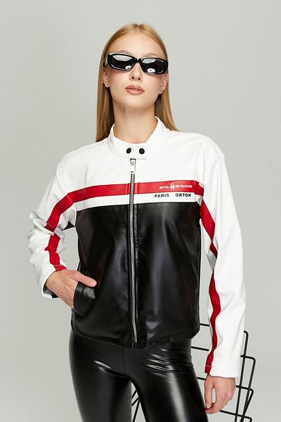 Black Level Jachetă de motociclist cu imprimeu pentru femei oversize albă - palton de curse din piele cu fermoar