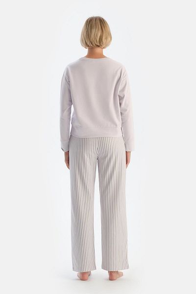 Dagi Long Sleeve Light Lilac T-Shirt and Trousers Pajama Set - Print Detailed