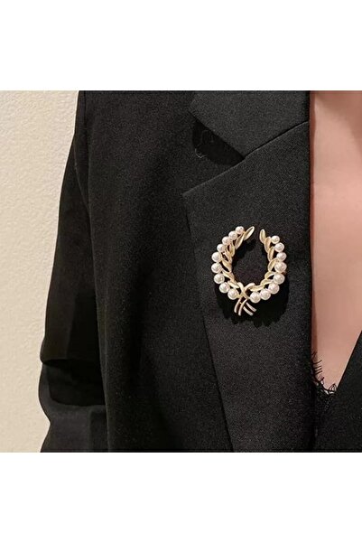 ESJ Zeytin Dalı Inci Çelenk Kadın Broş Ebat: 4,5*5 Cm