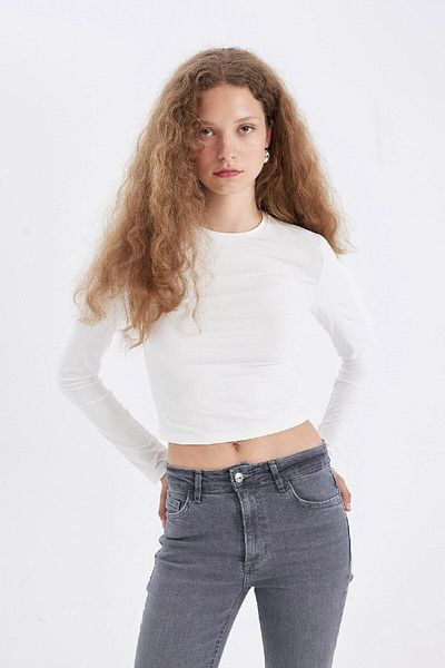 DeFacto Tricou alb cu mânecă lungă, cu decolteu triplu, cu mânecă lungă, D0199ax24au