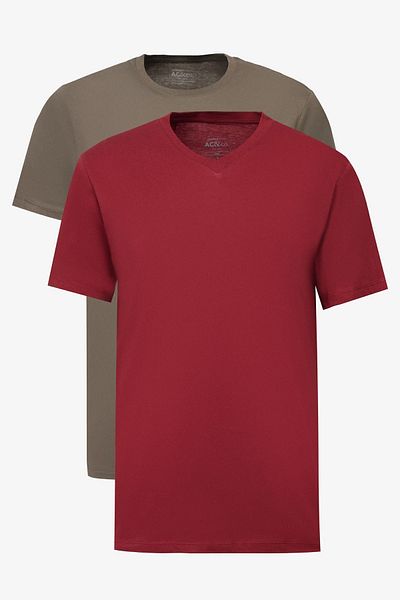 AC&Co / Altınyıldız Classics KHAKI-Claret Red 2 Pack - Ανδρικό βαμβακερό μπλουζάκι με λεπτή εφαρμογή
