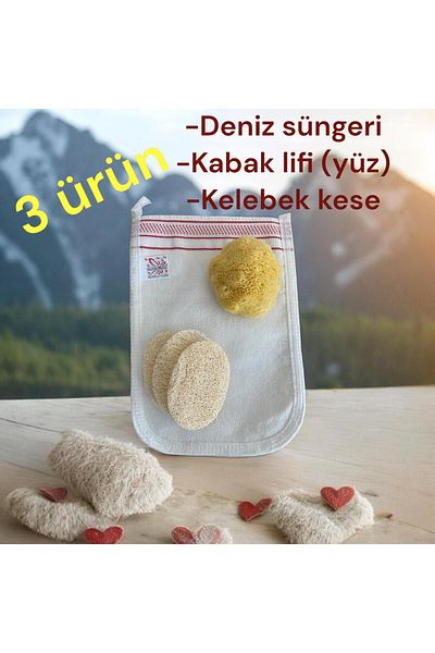 ASLANCAN Body Care Set of 3 - Natural Sea Sponge, Pumpkin Fiber Facial Scrub and Butterfly Scrub