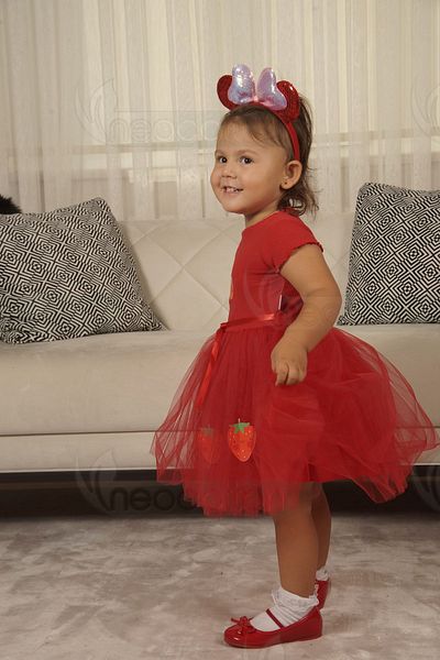 neocotton Girl's Dress - Strawberry Print, Layered Tulle and Rib Fabric