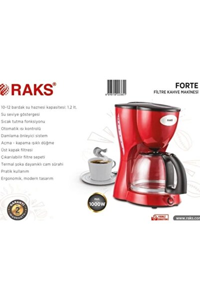 Raks 1000 W 12 Fincan Otomatik Filtre Kahve Makinesi Cam Hazne Kırmızı