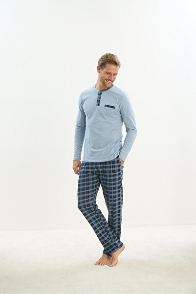 Sevim Men's Blue Long Sleeve Pajama Set - C6T4N4O9