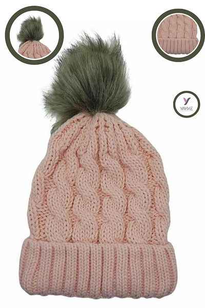 Yayke Pompom Knitwear Knitted Powder Women's Beanie-Hat