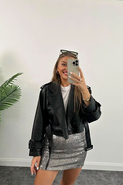 VESS MODA Стилно кожено яке с колан с ръкави и детайли