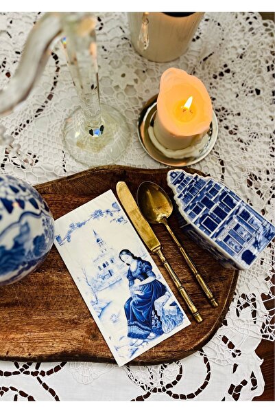 Antique Dream Blue Blanc Delft Kadın Desenli Garson Katlama Sunum Peçetesi 16lı