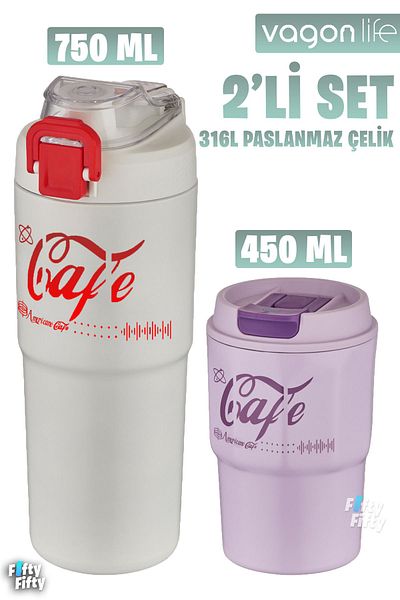 Vagonlife 750ml Dual Use Thermos and 450ml Mug Coffee Glass Set
