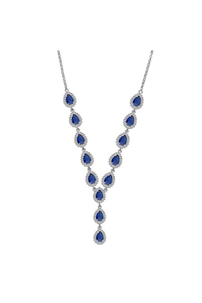 Silveranka 925 Ayar Gümüş Safir Damla Taşlı Pırlanta Montür Kolye