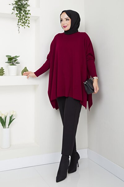 MODAMERSİ Claret Red Hijab Knitwear Oversize Slit Women's Sweater