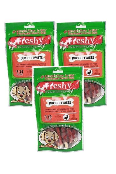 Freshy Ducky Twists - Ördek Kaplı Sütlü Burgu Köpek Ödülü 90 Gr-10 Çubuk 3lü Paket