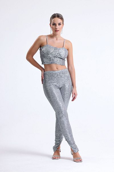Sense Rochie de seară căptușită cu perle, pantaloni cu paiete |   PNT34879 Argint