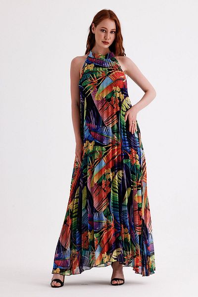 Sense Pleated and Patterned Long Chiffon Evening Dress - ELB35127SF Mixed Pattern