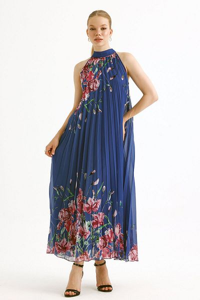 Sense Saks Floral Print Pleated Long Chiffon Evening Dress - Elb35127sf