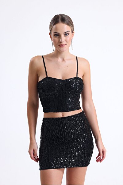 Sense Чорний бюстгальтер з паєтками та бантиками - застібка-блискавка ззаду Bst33154