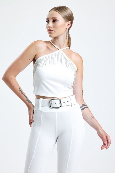 Sense Scuba Crepe Μπλούζα με Πέτρινη Αλυσίδα στο στήθος |   Blz34824 Λευκό