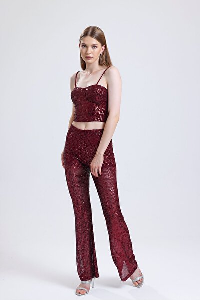 Sense Astarlı Gizli Fermuarlı Pul Payet Pantolon | Pnt32488 Bordo