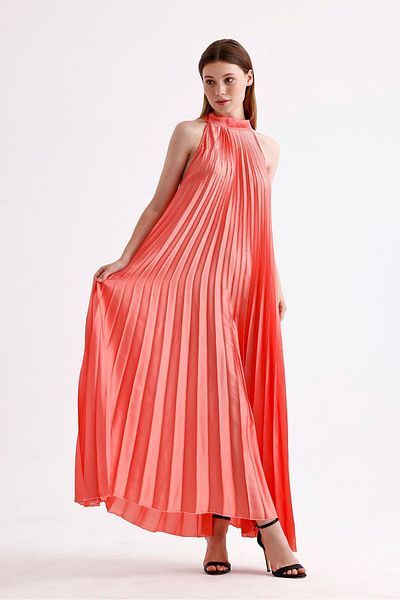 Sense Rochie din satin plisată cu decolteu în formă de coral - Imprimare digitală, fără mâneci |   Elb34513