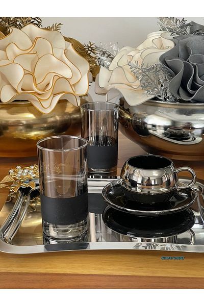 Paşabahçe Lav 6-Piece Bottom Black Top Smoked Coffee Side Water Glass, Dowry Box, Gift, Luxury
