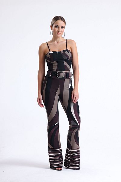 Sense Patterned Ottoman Belted Trousers| Pnt35240 Brown Beige Black Patterned