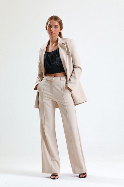 Sense Ornamental Stitched Hürrem Fabric Wide Leg Trousers| Pnt34239 Stone
