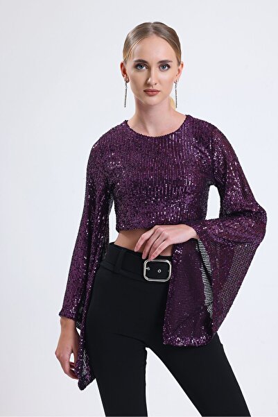 Sense İçi Astarlı Abiye Payet Bluz| BLZ35014 Mor