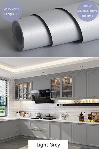 Kendinden Yapışkanlı 60cm×500cm Mat Gri Duvar Kağıdı Mutfak Tezgah Dolap Masa Kaplama