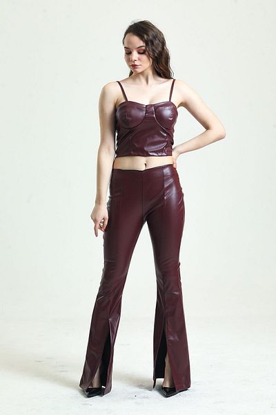 Sense Legs Front Slit Elastic Waist Leather Leggings| Tyt33544 Claret Red