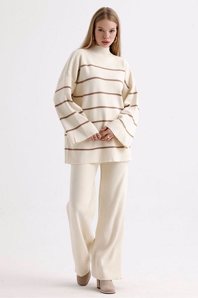 MD trend Women's Spanish Sleeve Knitwear Sweater and Trousers Set - Stand Collar