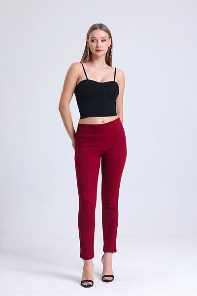 Sense High Waist Iron Stitching Suede Pants| Pnt31760 Claret Red