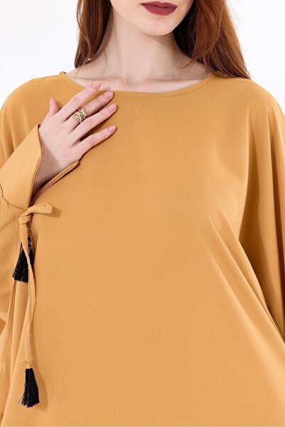 Sense Gold Viscose Kimono with Cuffs and Rope Tassels| KMN35008