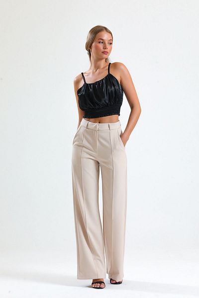 Sense Ornamental Stitched Hürrem Fabric Wide Leg Trousers| Pnt34239 Stone
