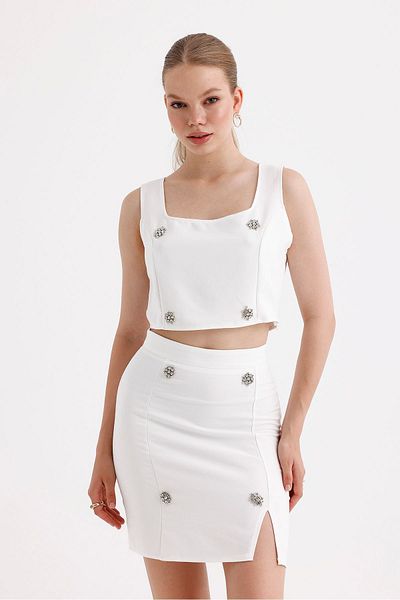 Sense Ecru Skirt and Blouse 2-Piece Set - Tkm35862