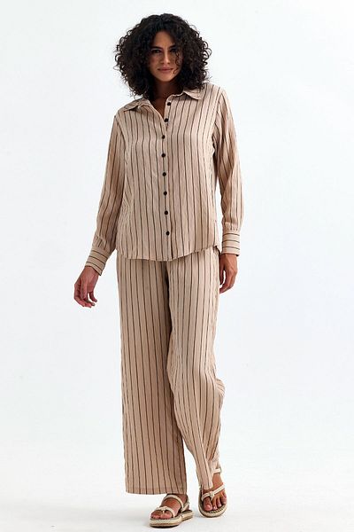 Sense Viscose Thin Striped Women's Shirt and Pants Set - Beige Tkm35466