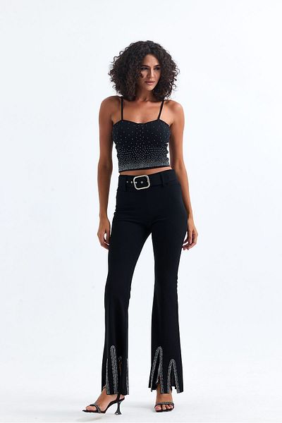 Sense Belted Stone Detailed Evening Dress Trousers| Pnt35061 Black