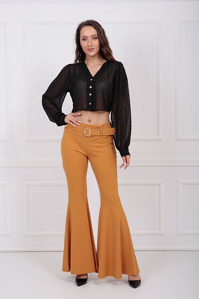 Sense Curea acoperită cu material textil, pantaloni piqué cu volan sub genunchi |   Pnt32971 Șofran