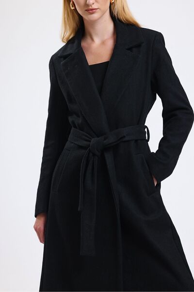 Sense Belted Long Stamp Coat with Slit Detail| Kbn34637 Black
