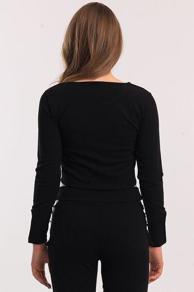 Sense Scuba Crepe Blouse with Silver Ring Chain on the Sleeve| Blz33934 Black