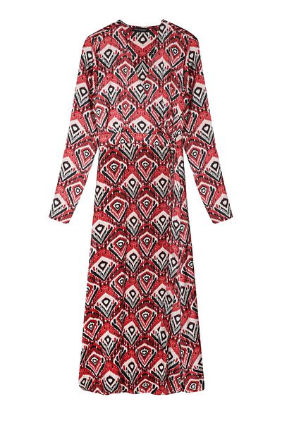 Quzu Red Patterned Long Dress - Belted Waist