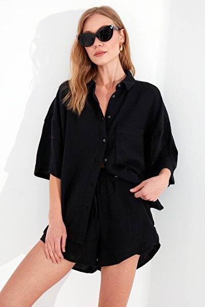 EDITION WOMAN Μαύρο Oversize Πουκάμισο και Σορτς - Σετ 2 9596